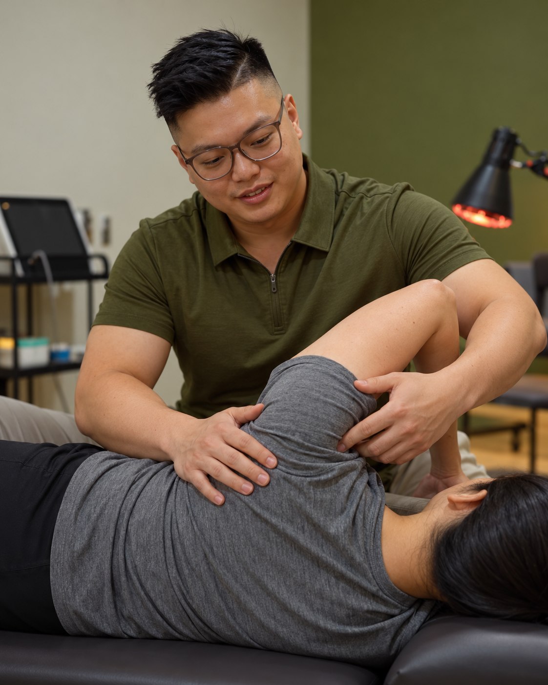 A Phynix physiotherapist assessing a client's shoulder movement on a treatment table