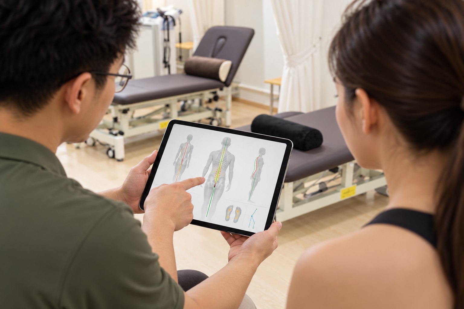 A physiotherapist explaining posture and movement analysis on a tablet