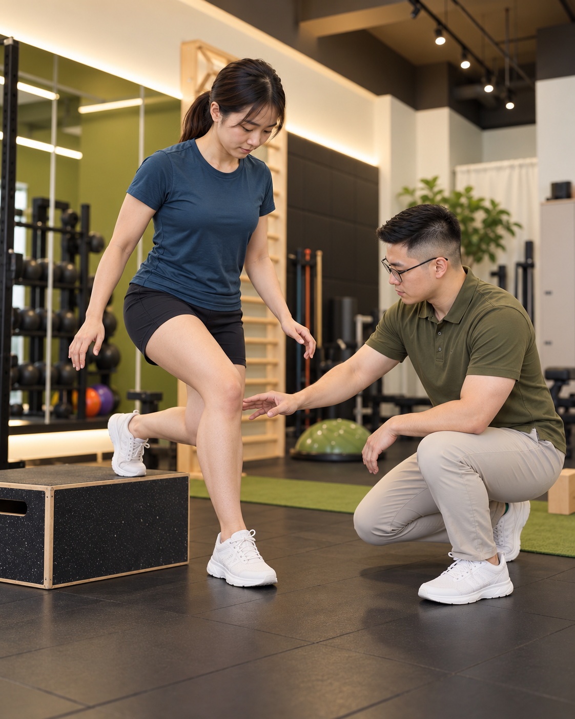 A physiotherapist guiding a client through a controlled step-down exercise