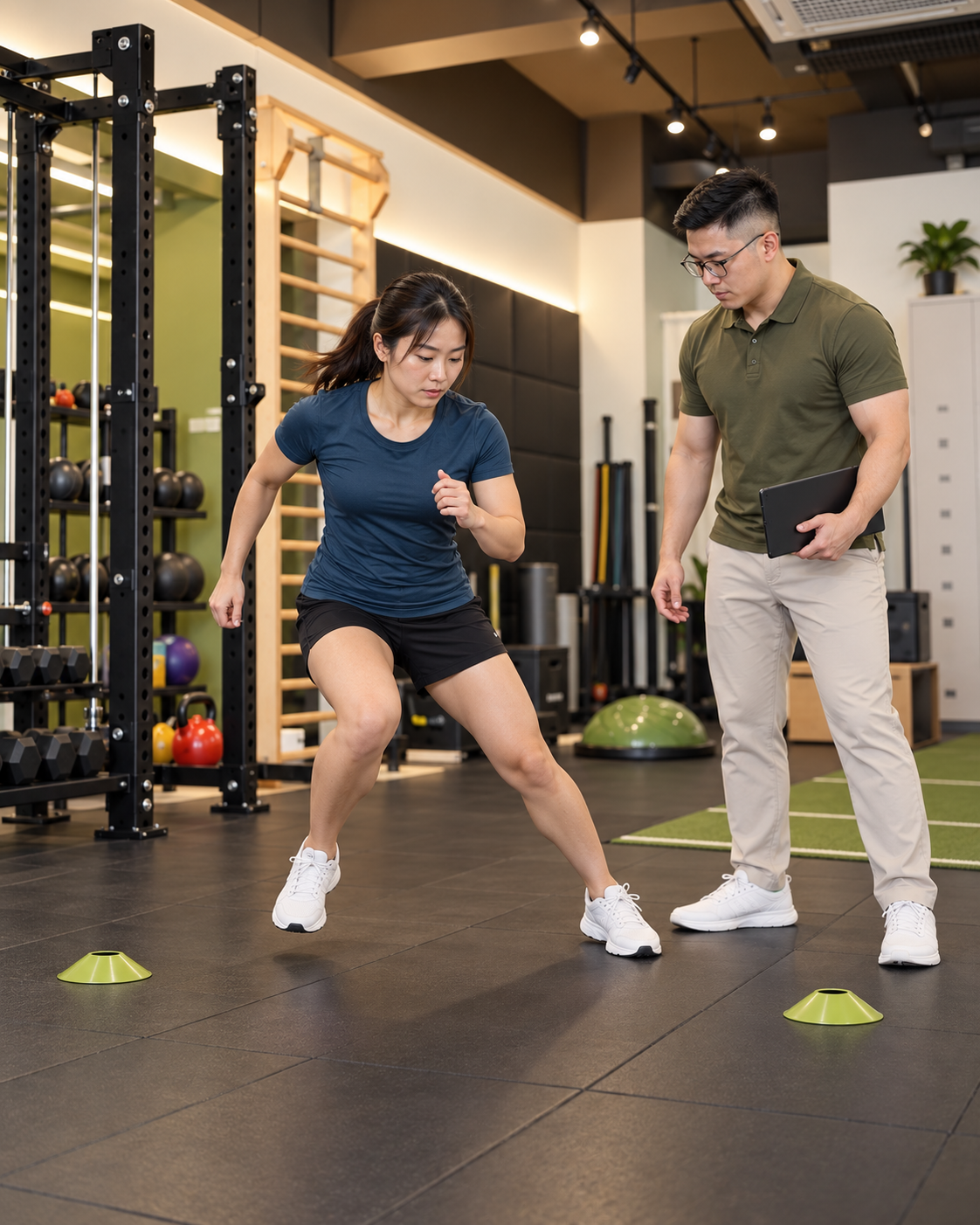 A client completing a lateral agility drill under physiotherapist supervision