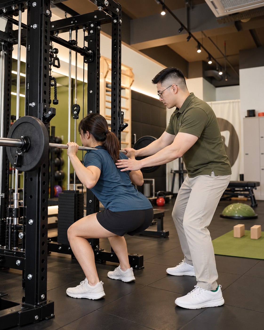 A physiotherapist coaching a client through a supported strength exercise